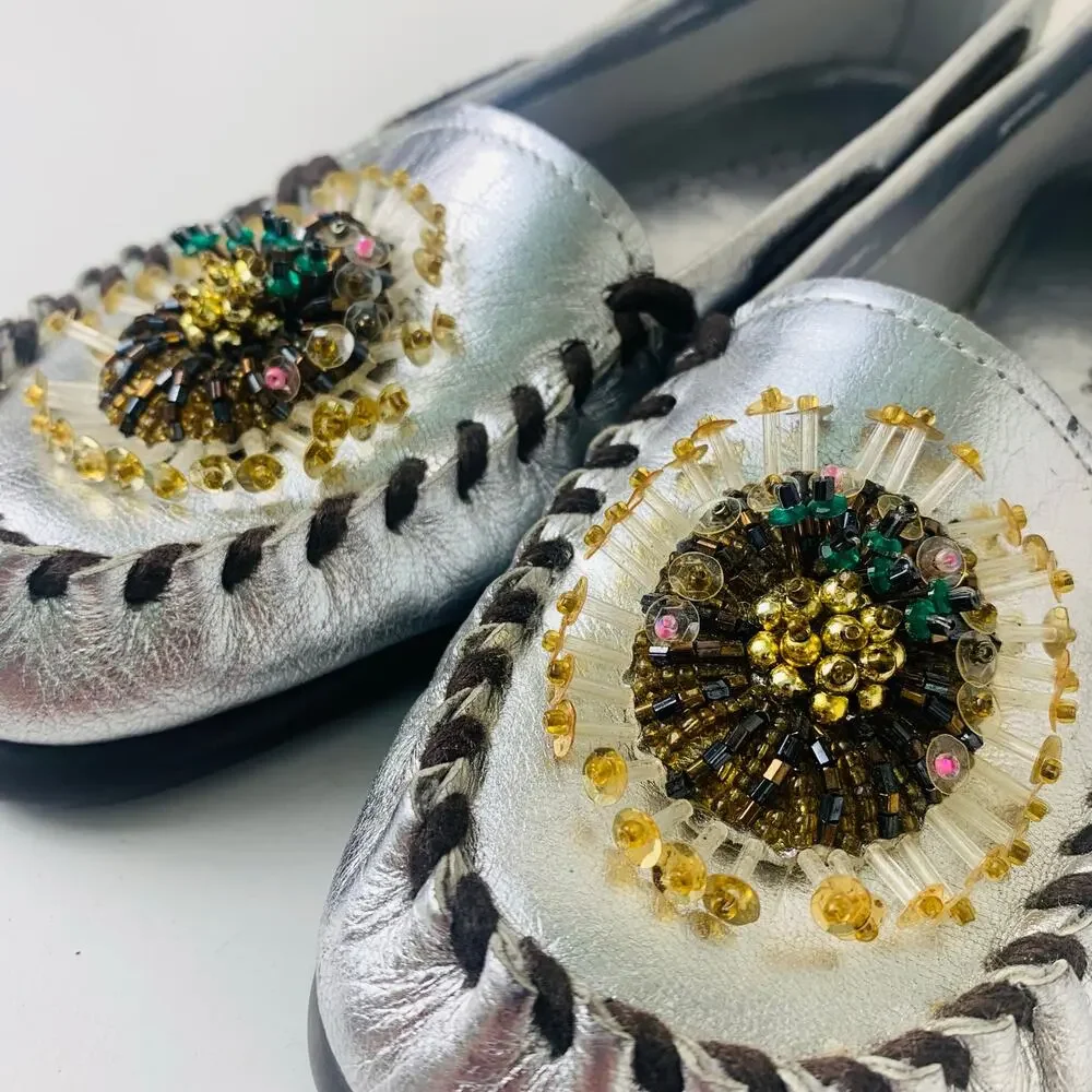 Aerosoles Jamboline Silver Leather Beaded Loafers Womens 6B Comfort Flats